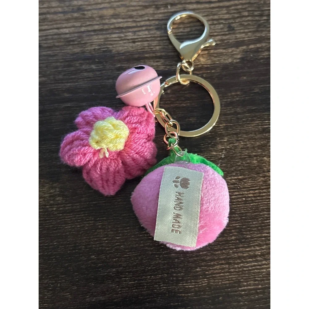 Handmade Pink Strawberry and Flower Plush Keychain with Bell Gold Tone Hardware